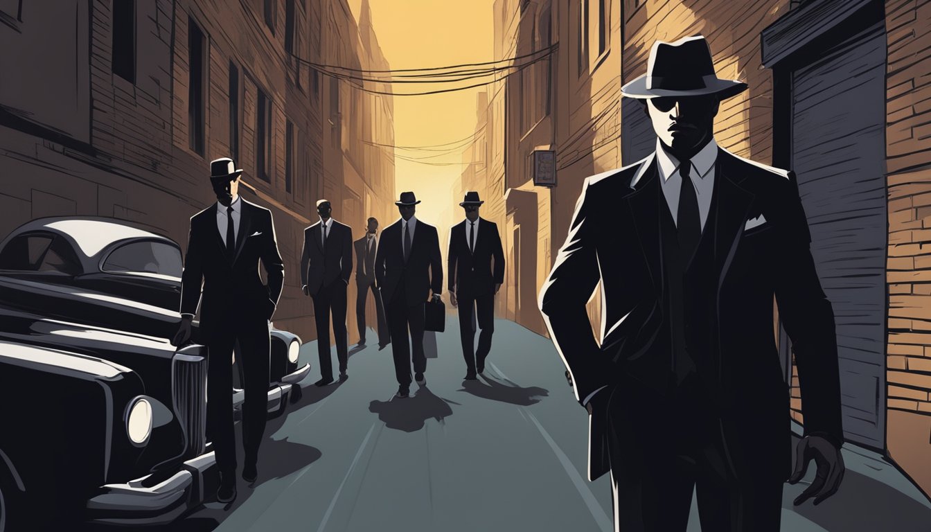 A dark alley with shadowy figures in sleek, tailored suits, adorned with subtle but unmistakable mafia insignia