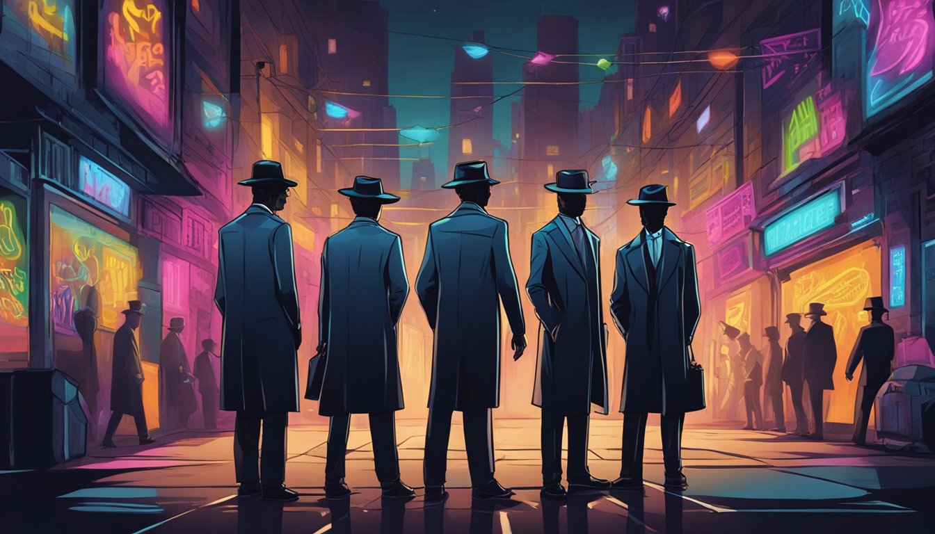 A dark alley with graffiti walls, dimly lit by neon signs. A group of shadowy figures in sleek suits and fedoras stand in a circle, exchanging secretive glances