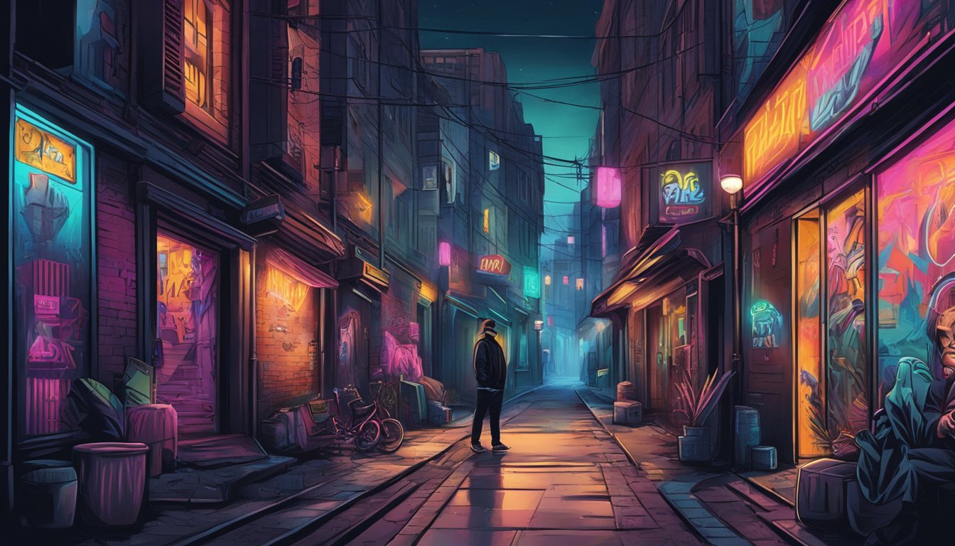 A dark alley with graffiti, lit by neon signs, showcasing a range of edgy and stylish clothing from the mafia brand