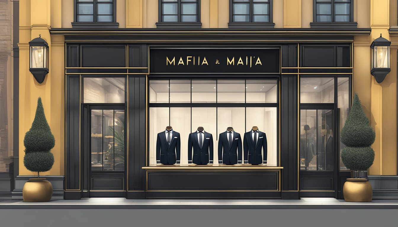 A sleek, modern storefront adorned with the bold logo of Quality and Craftsmanship mafia clothing brand. The display window showcases impeccably tailored suits and luxurious accessories