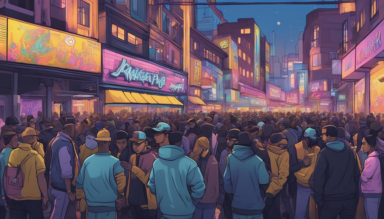 A crowded city street with people wearing mafia clothing brand, graffiti of the brand's logo on walls, and a trendy nightclub with the brand's name in neon lights