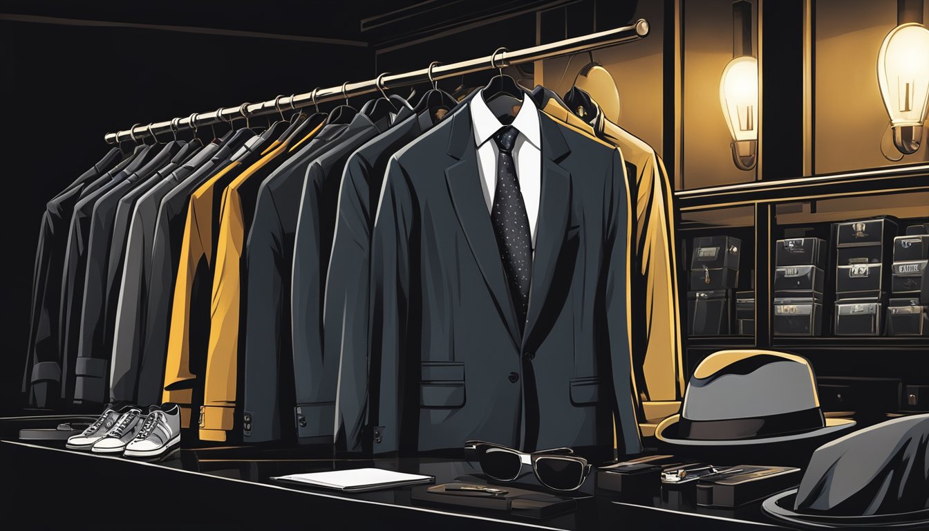 A group of mobster-themed clothing items displayed on a sleek, black table with a spotlight shining on them. The brand's logo is prominently featured in the background