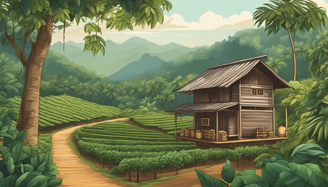 A traditional Malaysian coffee plantation with lush greenery and coffee plants, a rustic wooden coffee mill, and locals harvesting coffee beans