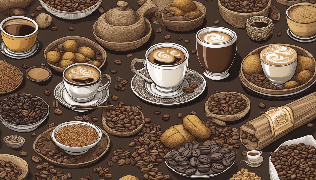 A table with various Malaysian coffee brands displayed, surrounded by coffee beans and traditional Malaysian motifs