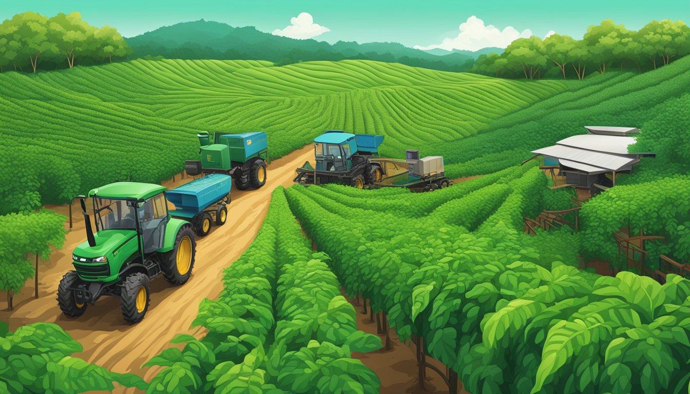 Lush green coffee plantations with modern machinery and branding signage in Malaysia