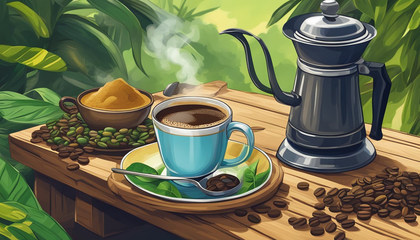 A steaming cup of Malaysian coffee sits on a rustic wooden table, surrounded by vibrant green coffee beans and traditional Malay coffee brewing equipment