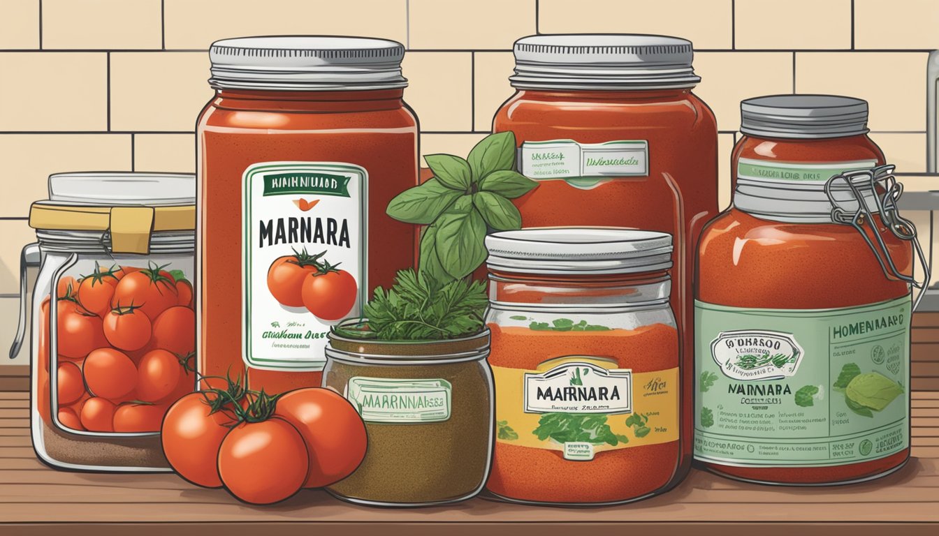 A pot of homemade marinara simmers next to jars of store-bought brands on a kitchen counter. Fresh tomatoes, herbs, and spices contrast with mass-produced labels