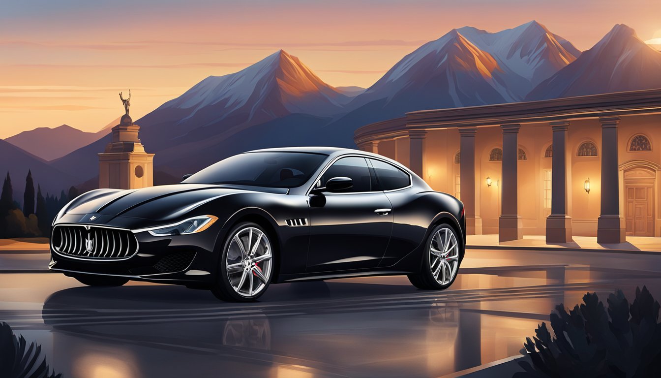 A Maserati logo shines on a sleek, black sports car. The car is parked in front of a historic building, with a backdrop of mountains and a setting sun