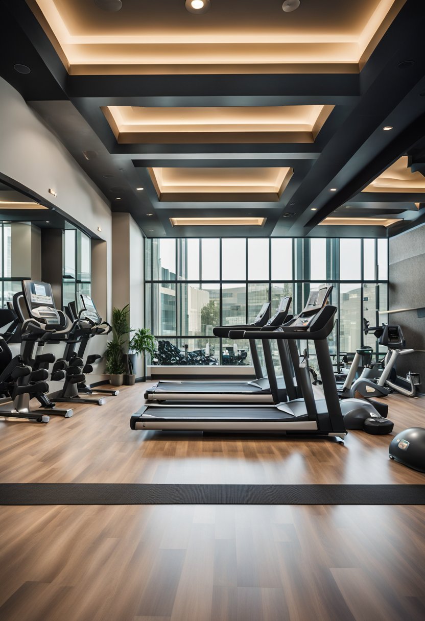 The scene shows Aloft Waco Baylor luxury hotel with a modern fitness center, featuring sleek equipment and stylish decor