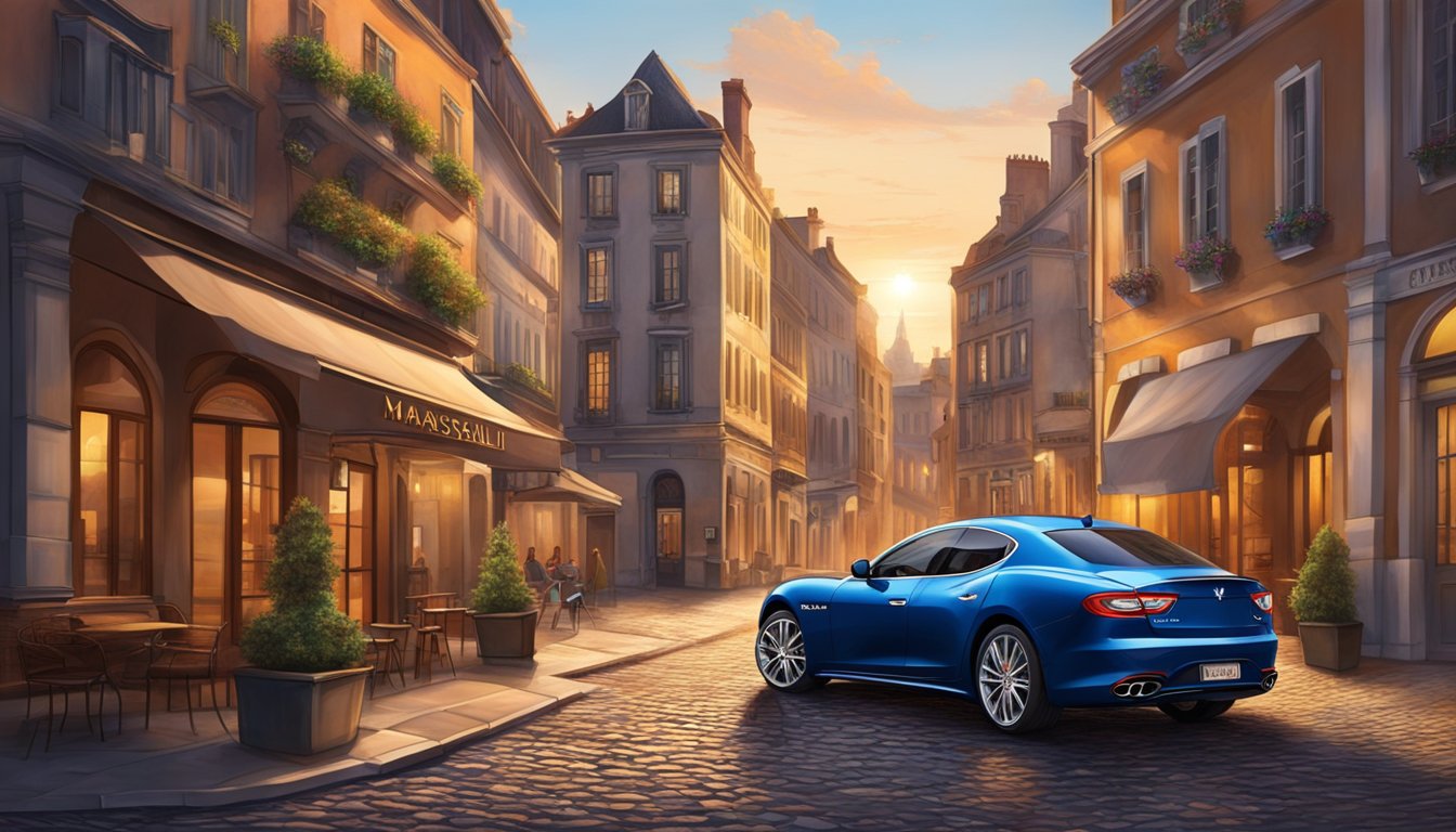 A sleek Maserati glides through cobblestone streets, passing historic architecture and vibrant cafes. The sun sets, casting a warm glow on the luxurious car