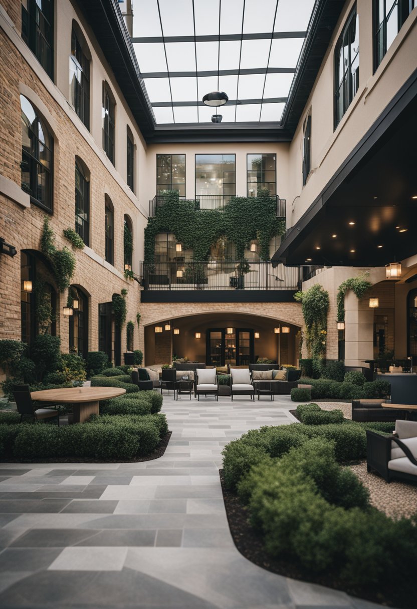 A courtyard in Waco luxury hotel with a fitness center