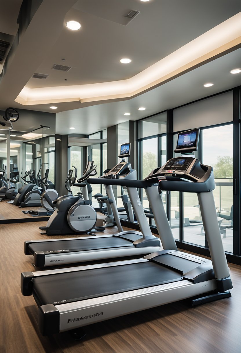 A spacious fitness center in Residence Inn Waco luxury hotel, with modern equipment and natural light streaming in through large windows