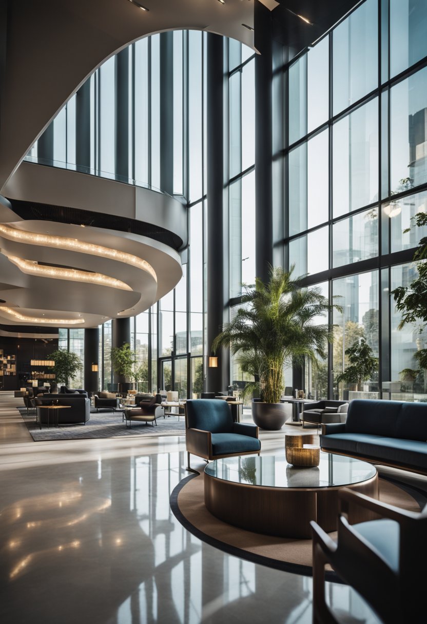 A modern hotel lobby with sleek furniture and a glass-walled fitness center