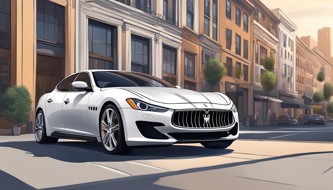 A sleek Maserati parked in a luxury urban setting, surrounded by upscale shops and trendy restaurants, with a vibrant cityscape in the background