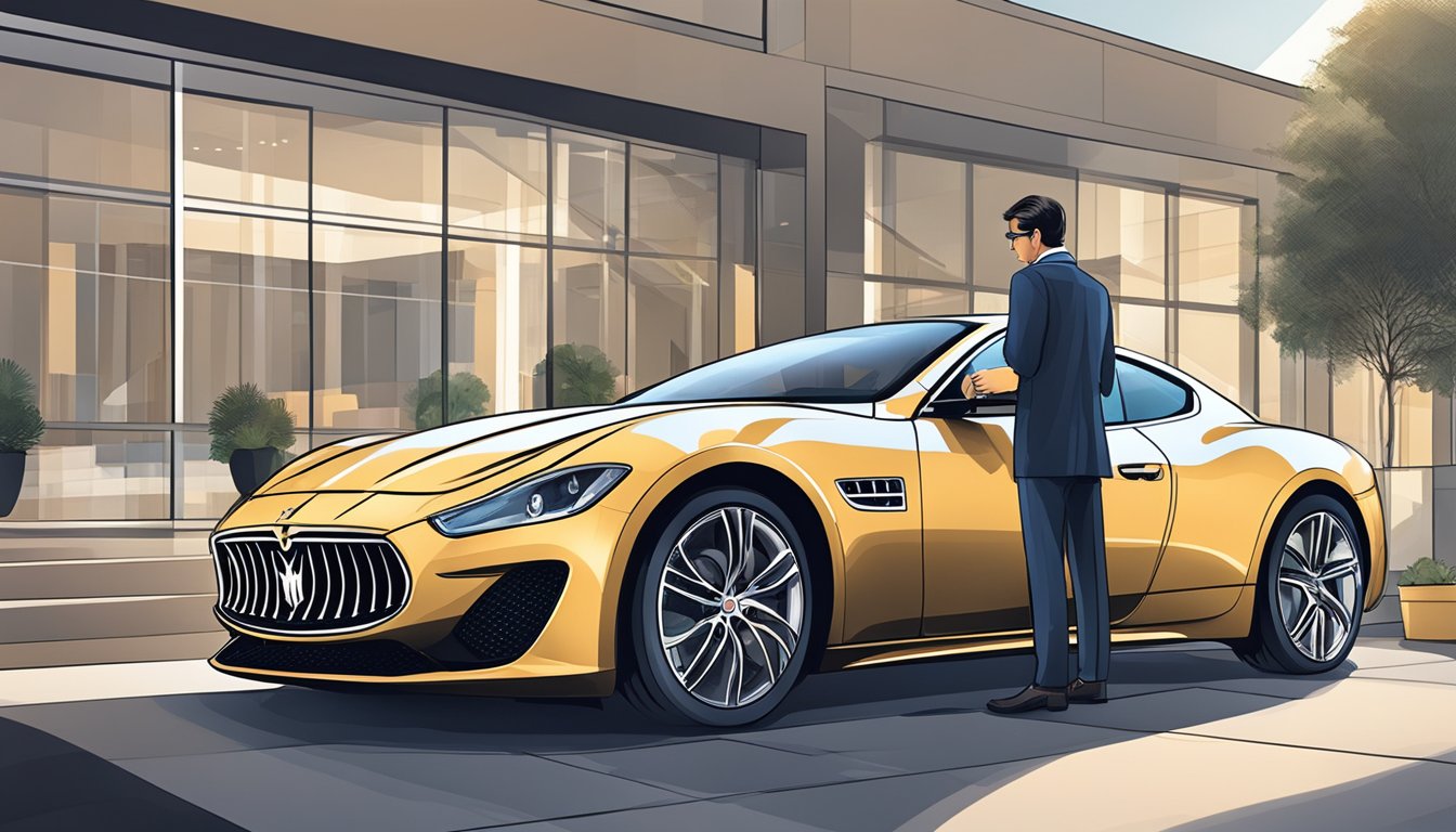 A sleek Maserati parked in front of a modern showroom, with a professional client services representative assisting a customer