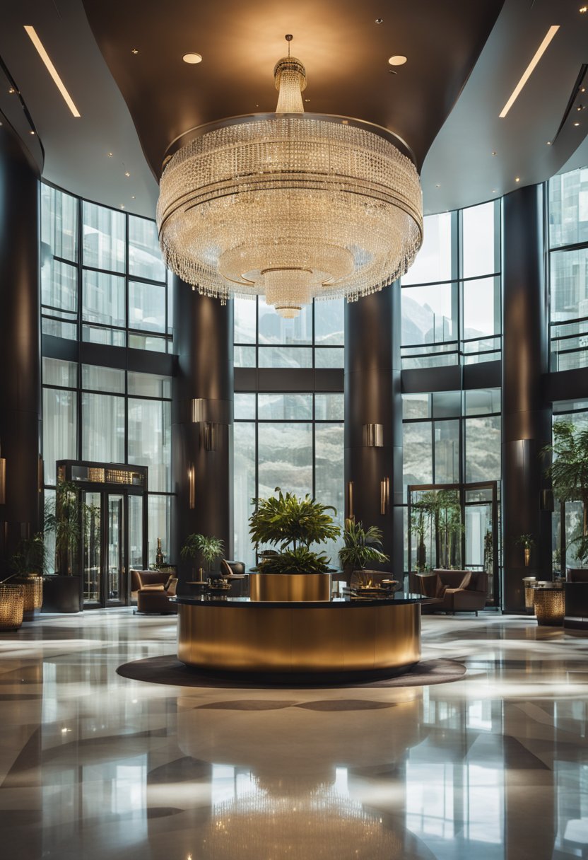 hotel lobby with modern decor, a grand chandelier, and a sleek fitness center visible through glass doors