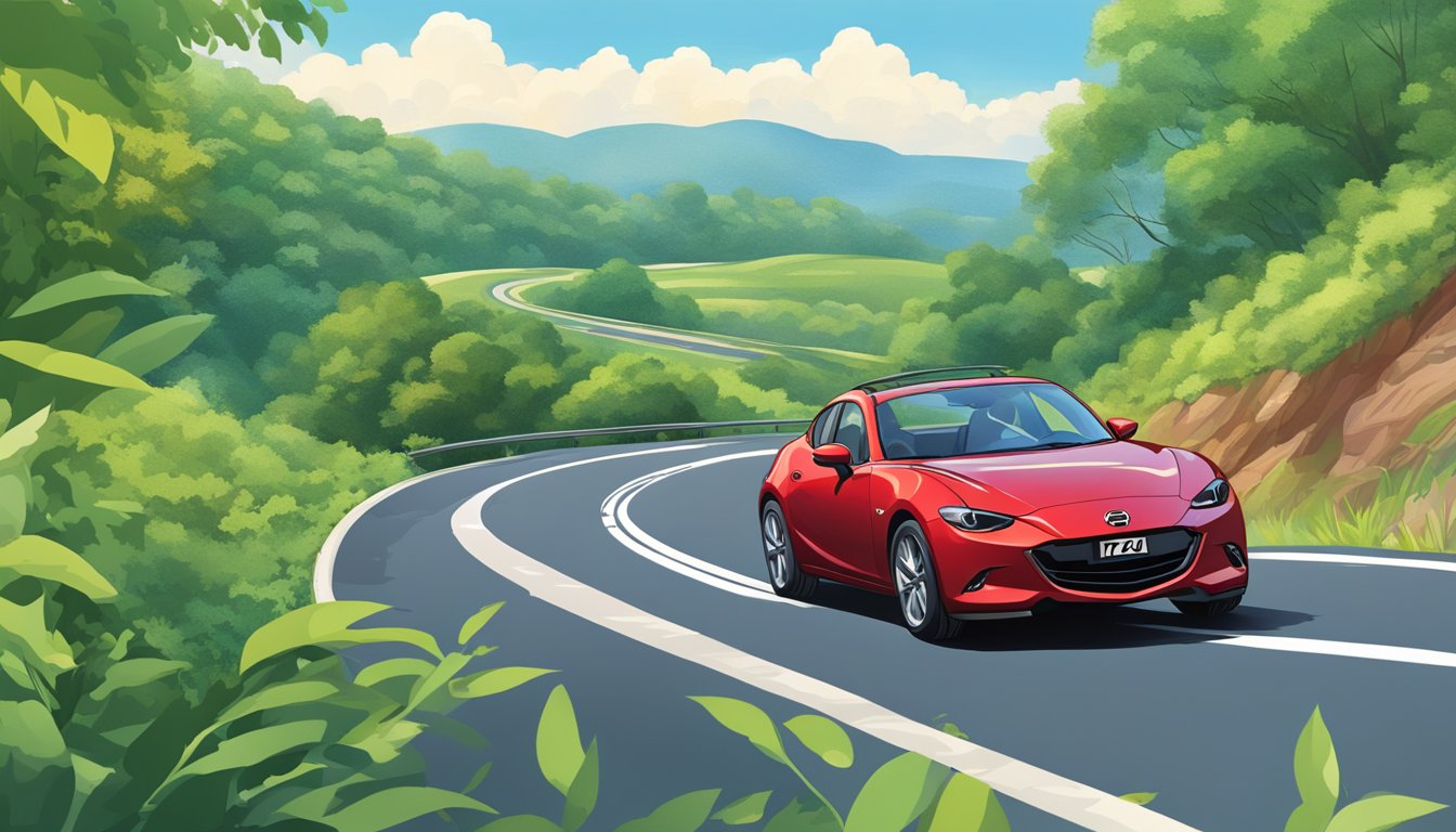 A red Mazda zooms down a winding road, surrounded by lush greenery and a clear blue sky