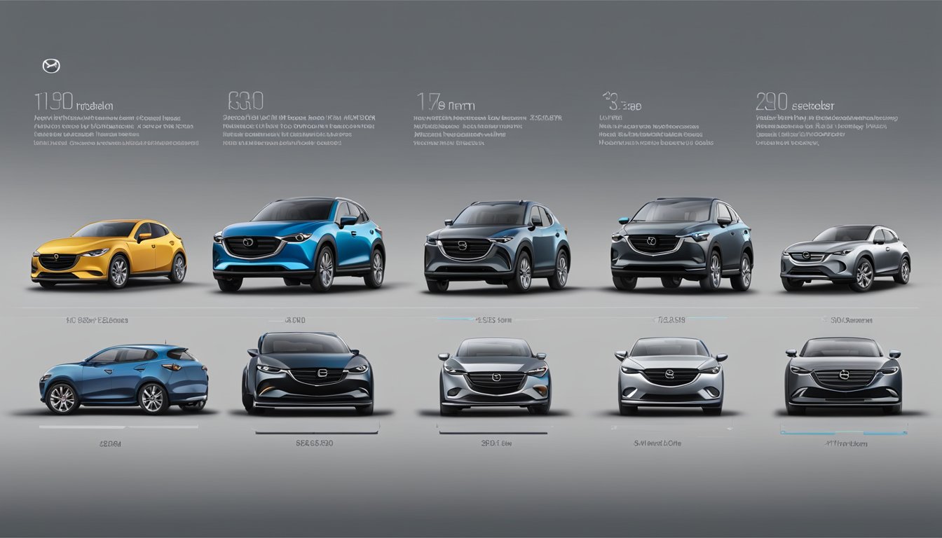 A timeline of Mazda vehicles from past to present, showcasing key models and technological advancements