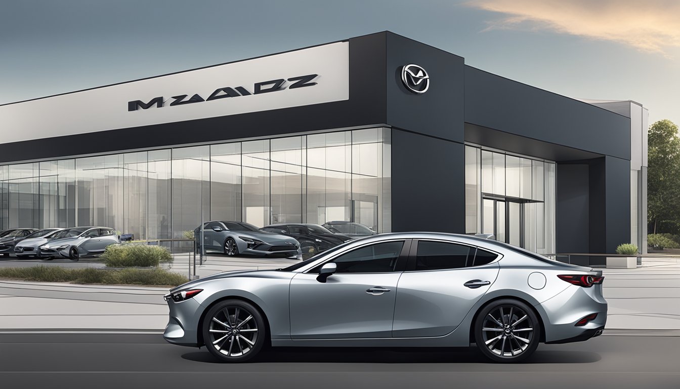 A sleek Mazda vehicle parked in front of a modern dealership, with a sign displaying "Mazda's Commitment to Customer Experience" prominently in the foreground