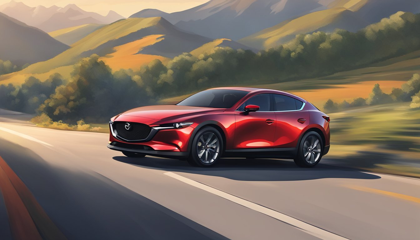 A red sports car zooms past a mountain backdrop, with the Mazda logo prominently displayed on the vehicle's sleek exterior