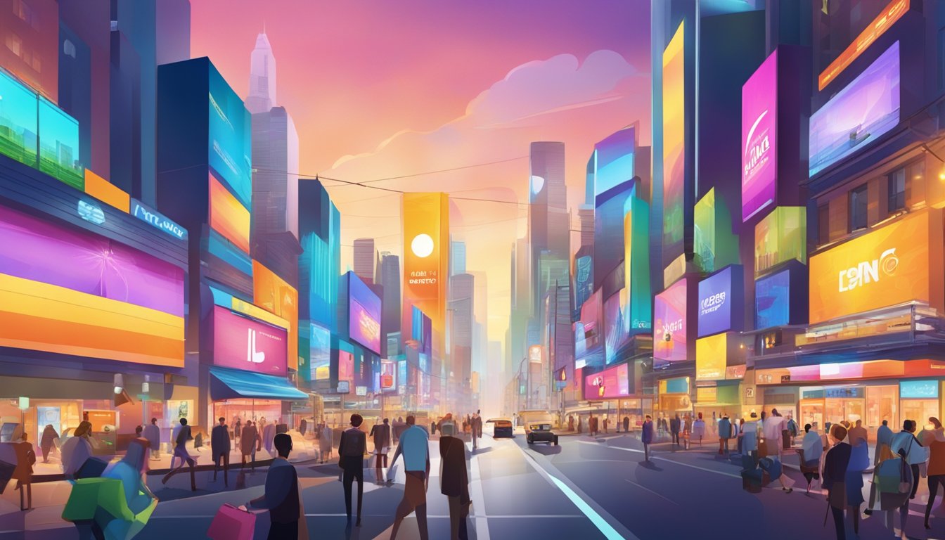 A bustling city street with towering billboards showcasing mega brands. Bright lights and vibrant colors create a lively and energetic atmosphere