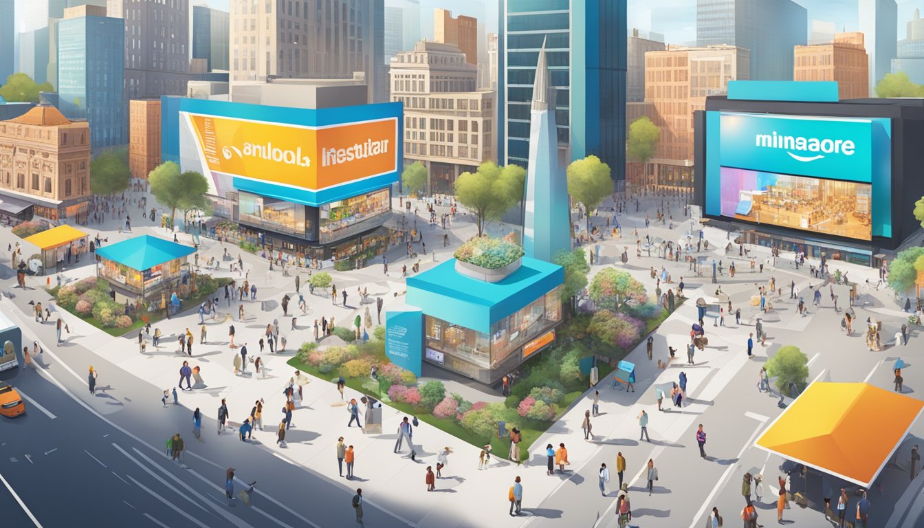 A bustling city square with giant billboards, crowded with people interacting with interactive displays, and engaging with brand representatives