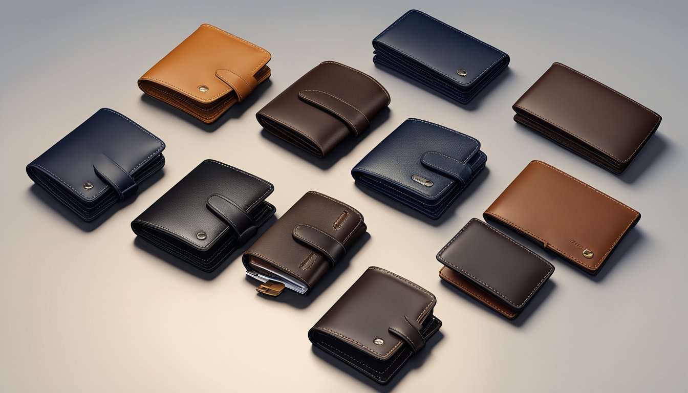 A display of various mens leather wallet brands arranged on a sleek, modern countertop. Bright lighting highlights the luxurious textures and intricate stitching of the wallets