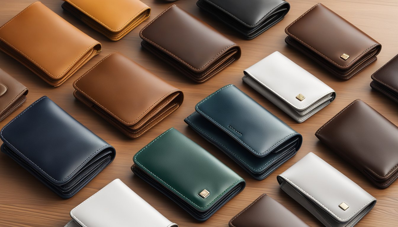 A variety of men's leather wallets displayed on a wooden table with different brands and types