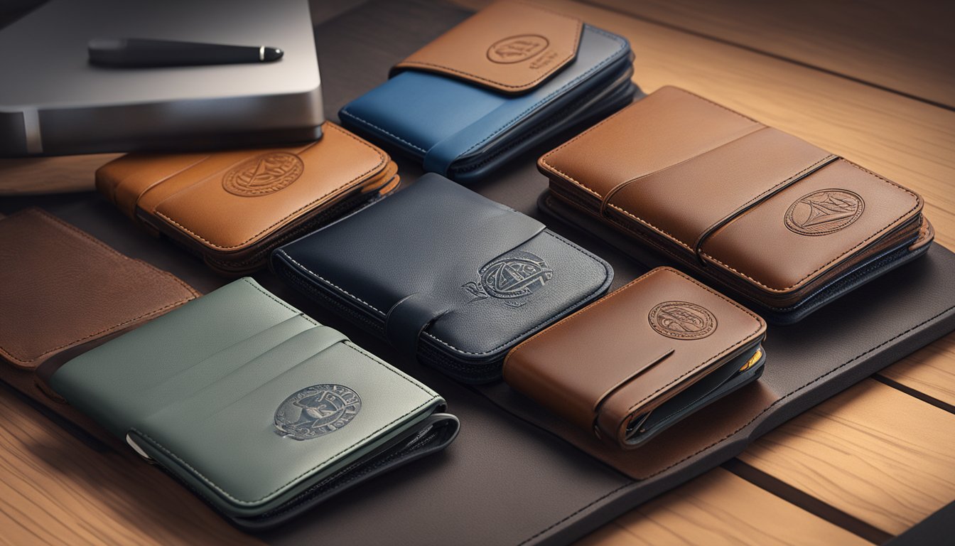 A leather wallet stands on a sturdy surface, showcasing its durability and quality craftsmanship. Various brand logos are subtly embossed on the material