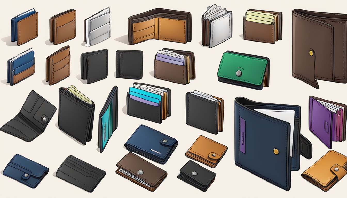 A leather wallet open on a table, showing multiple card slots, a bill compartment, and a coin pocket