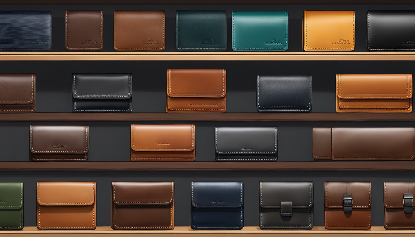 A collection of high-end mens leather wallets displayed on a sleek, modern shelf with stylish branding and personalized details