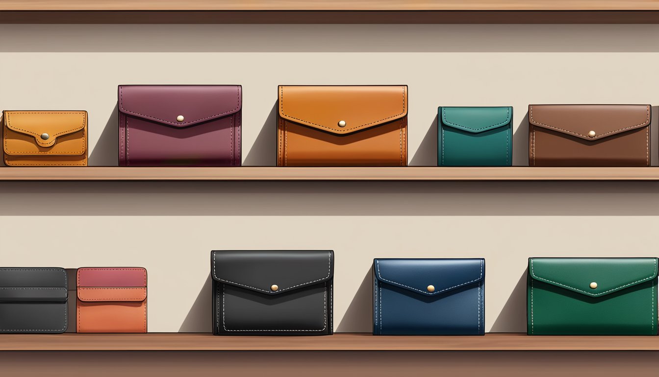 A collection of high-quality leather wallets displayed on a sleek, modern shelf with a clean, minimalist backdrop