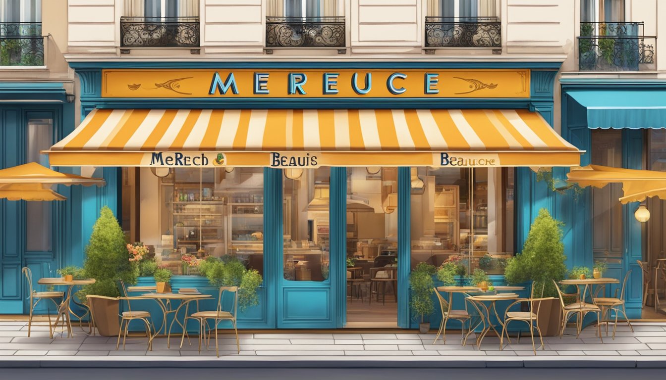 A vibrant Parisian street with a charming café adorned with the "merci beaucoup" brand logo on its awning