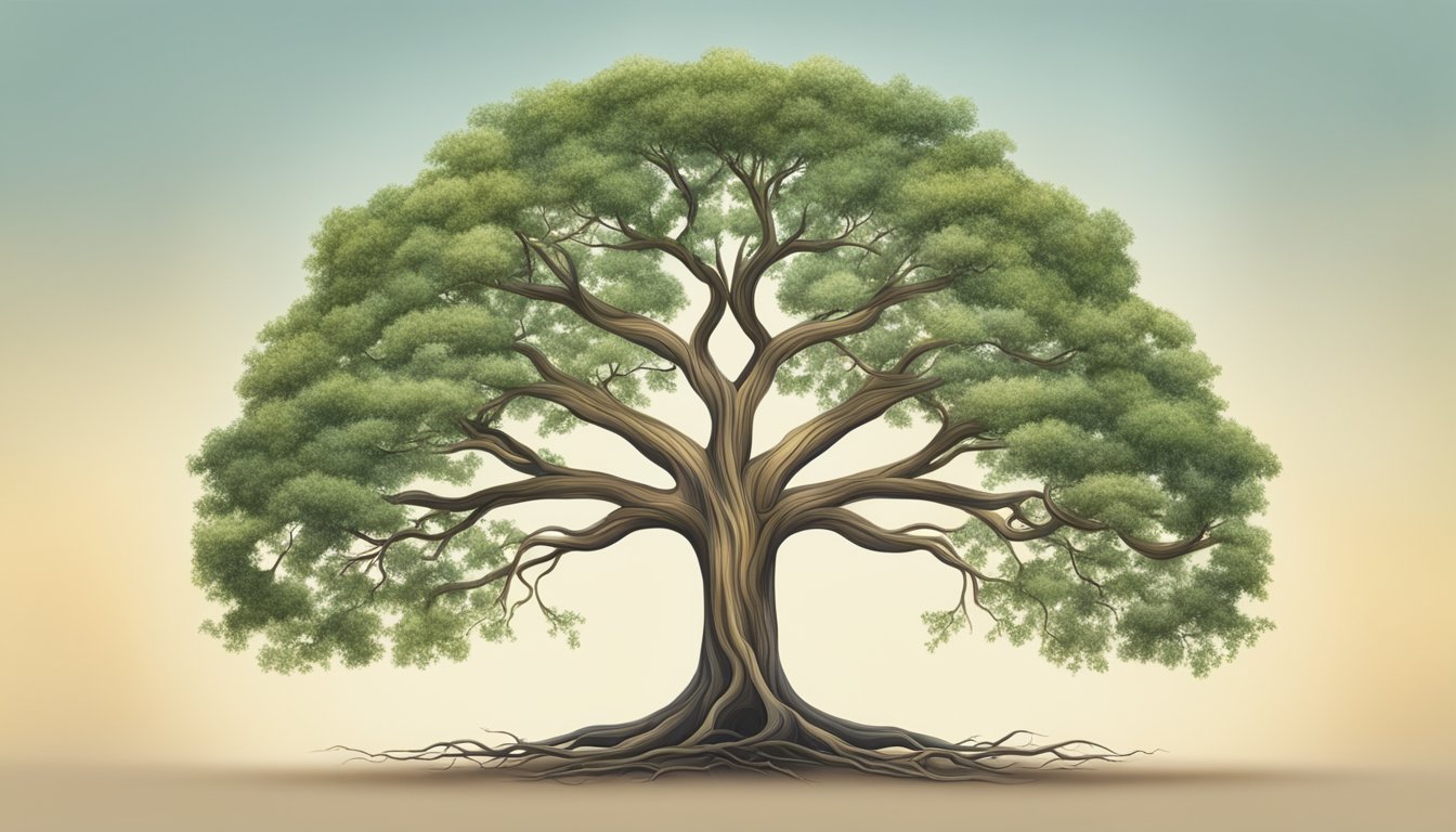A grand tree with intertwining roots, symbolizing the interconnectedness of brand genesis and philosophy