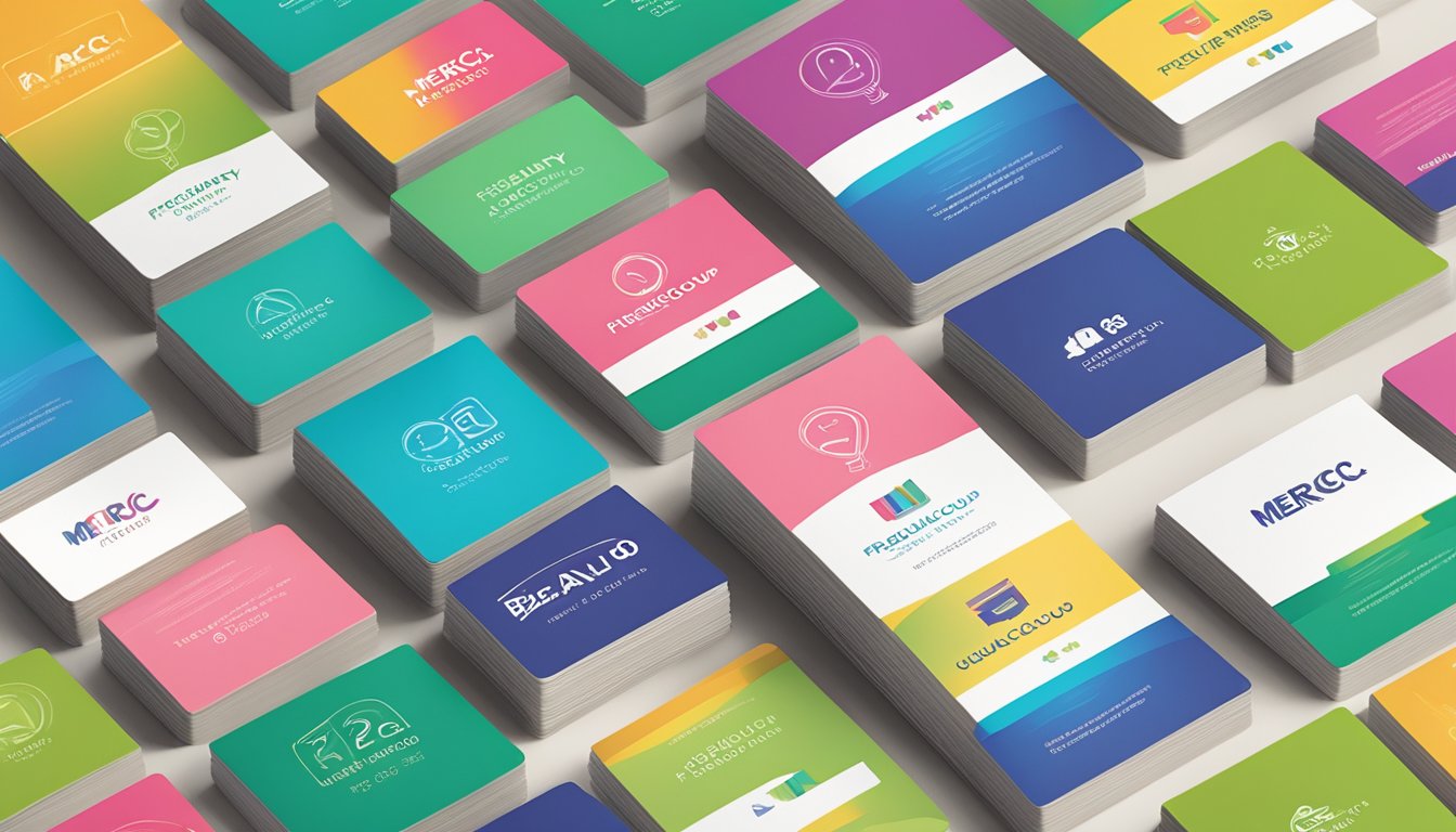 A stack of colorful "Frequently Asked Questions" cards with "merci beaucoup" brand logo on a clean, modern desk