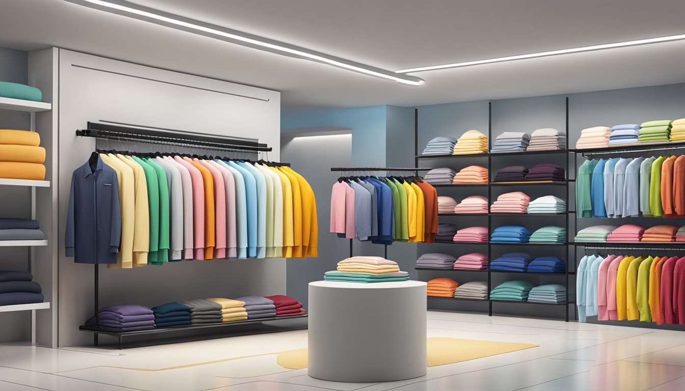 A rack of colorful, neatly folded clothing with mid-tier brand labels displayed in a well-lit, modern retail store