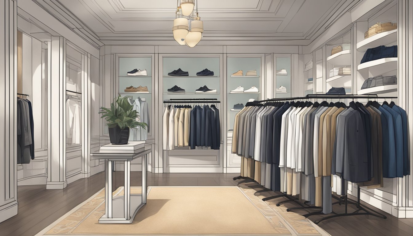 A rack of stylish, modern clothing with mid-tier brand labels displayed in a well-lit boutique setting