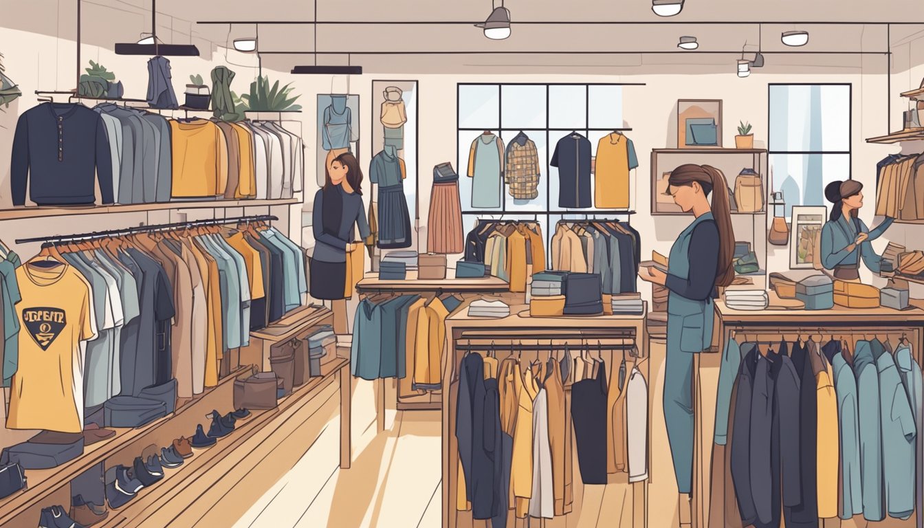 A bustling clothing store with stylish, yet reasonably priced items on display. Customers browse racks of trendy apparel while friendly staff assist with fittings