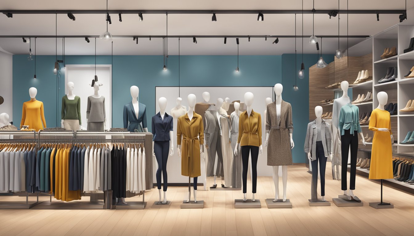 A diverse group of mannequins showcases trendy clothing from mid-tier brands in a modern, spacious store setting