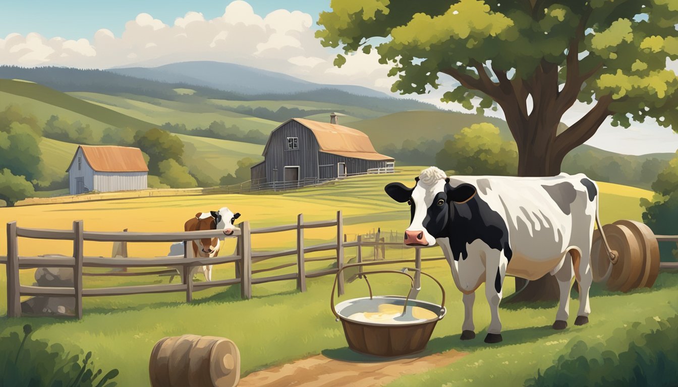 A rustic farm scene with a cow being milked by a milkmaid, surrounded by rolling hills and a quaint farmhouse in the background