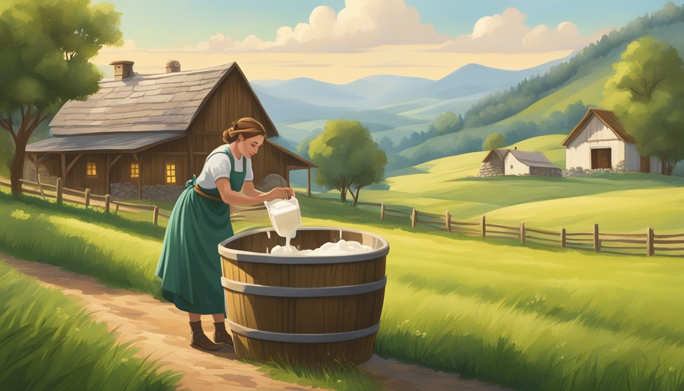 A rustic milkmaid pours fresh milk into a wooden bucket in a pastoral setting with rolling green hills and a quaint farmhouse in the background