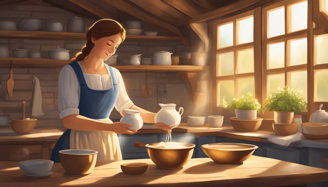 A milkmaid pours milk into a bowl in a rustic kitchen setting. The room is filled with the warm glow of sunlight streaming through the window, highlighting the milkmaid's role in the traditional process of creating dairy products
