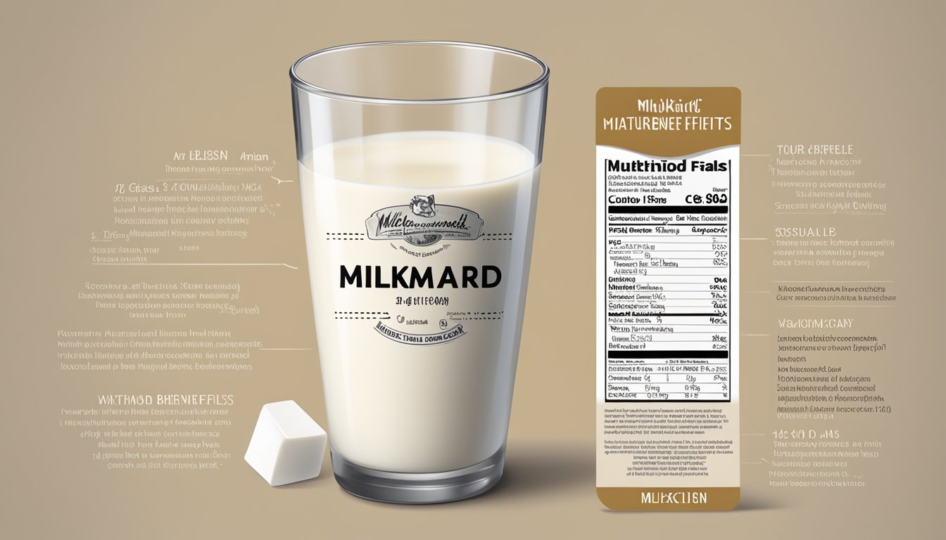 A glass of milkmaid brand milk with a nutritional label and a list of health benefits displayed next to it