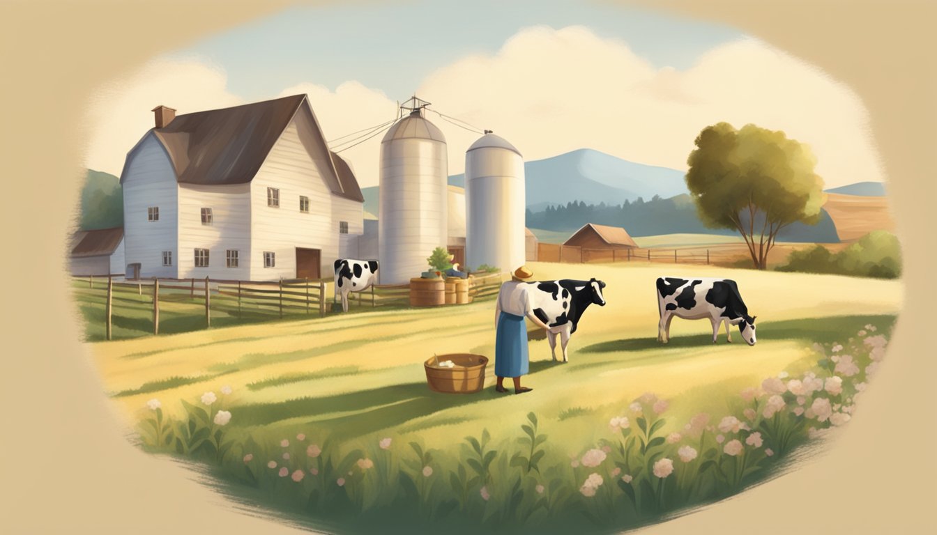 A serene dairy farm with a rustic milkmaid pouring fresh milk into vintage bottles under the warm sun