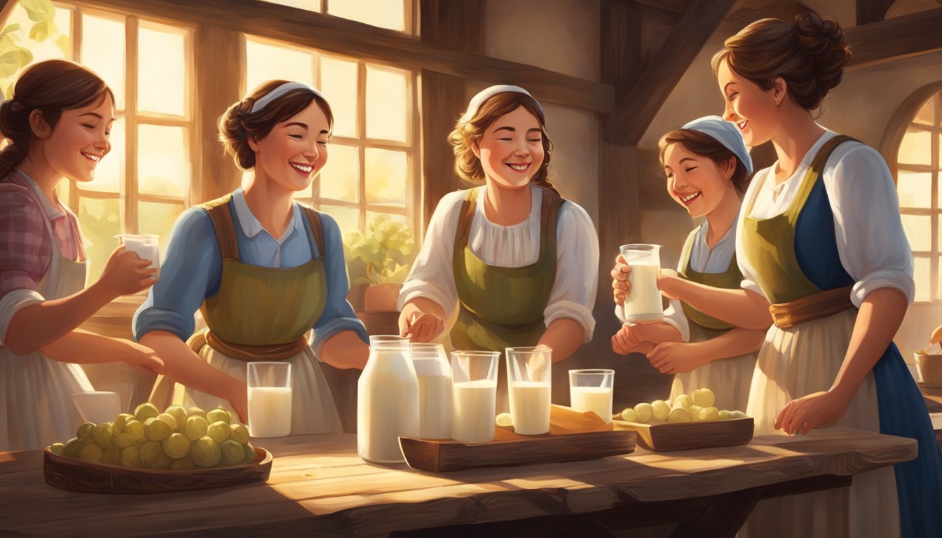 A group of milkmaids gather around a rustic wooden table, pouring and tasting fresh milk. The sun casts a warm glow on the scene, highlighting their joyful expressions