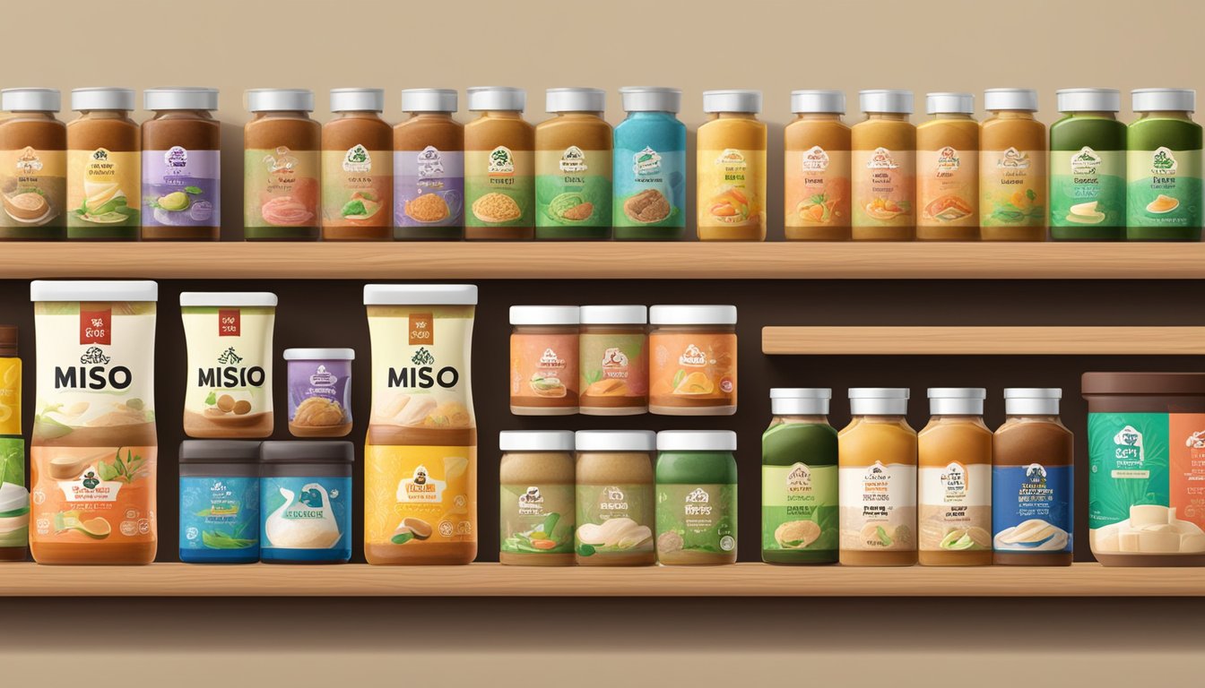 Various miso paste brands displayed on a wooden shelf with different colored packaging and labels