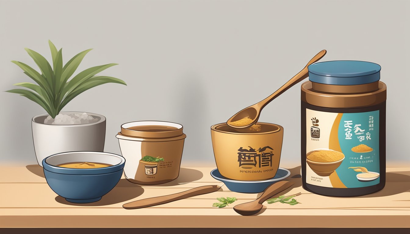 A wooden spoon scoops miso paste from a ceramic bowl, with various branded containers in the background