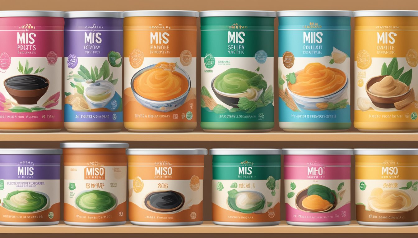 Various miso paste brands lined up on a shelf, each with distinct packaging and labels. Bright colors and bold fonts stand out