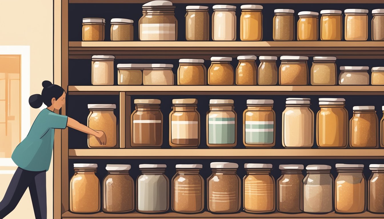A hand reaches for a jar of miso paste on a shelf. Other jars are neatly organized in rows behind it. The scene is well-lit with warm, natural light