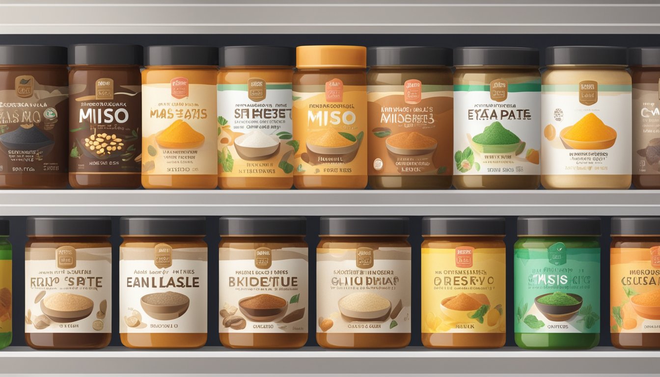Various miso paste brands arranged on a shelf with labels facing forward. Bright lighting highlights the different colors and packaging